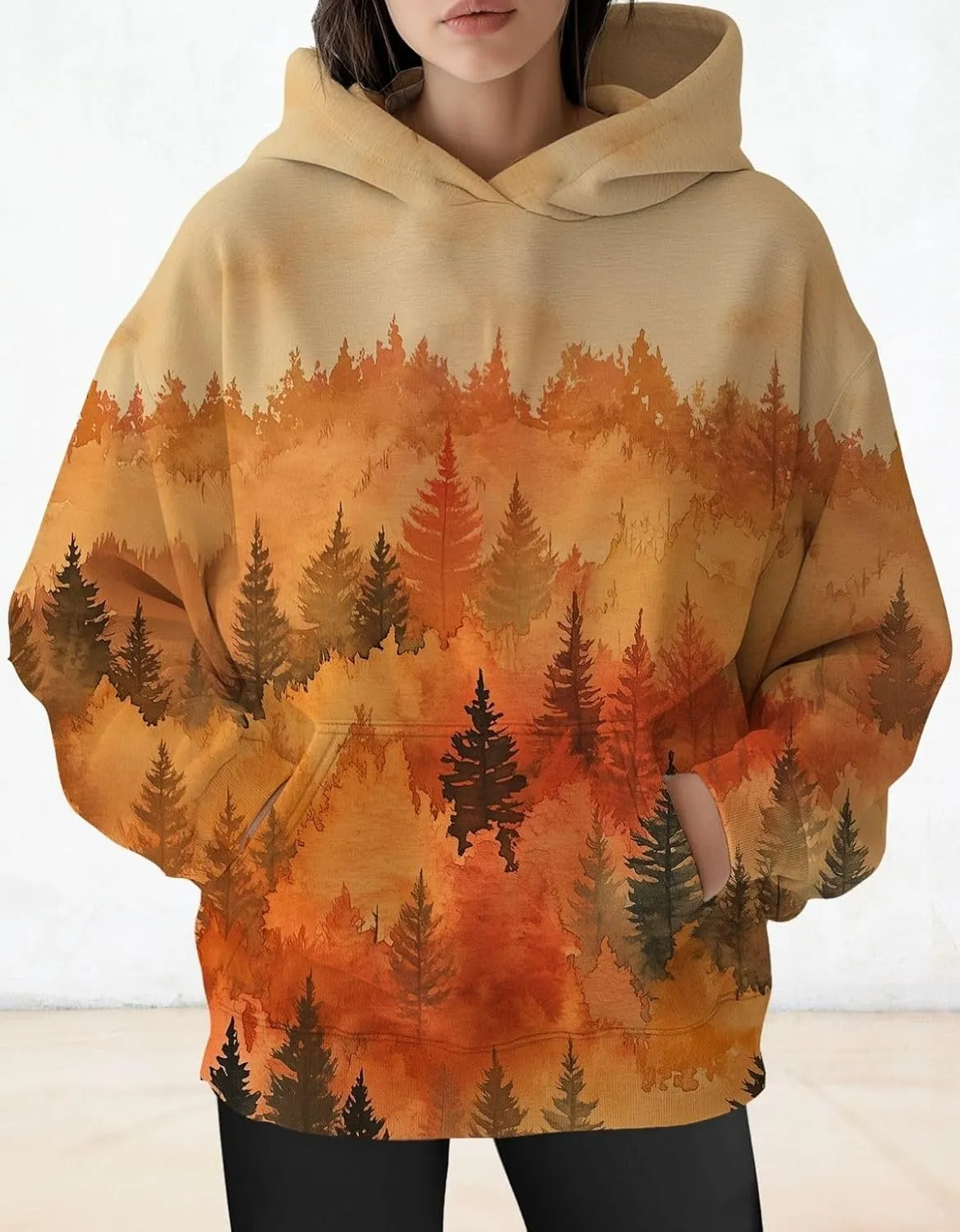 Womens Oversized Hoodies Maple Leaf Printed Long Sleeve Hooded Sweatshirt Pullover Tops Fall Outfits with Pocket