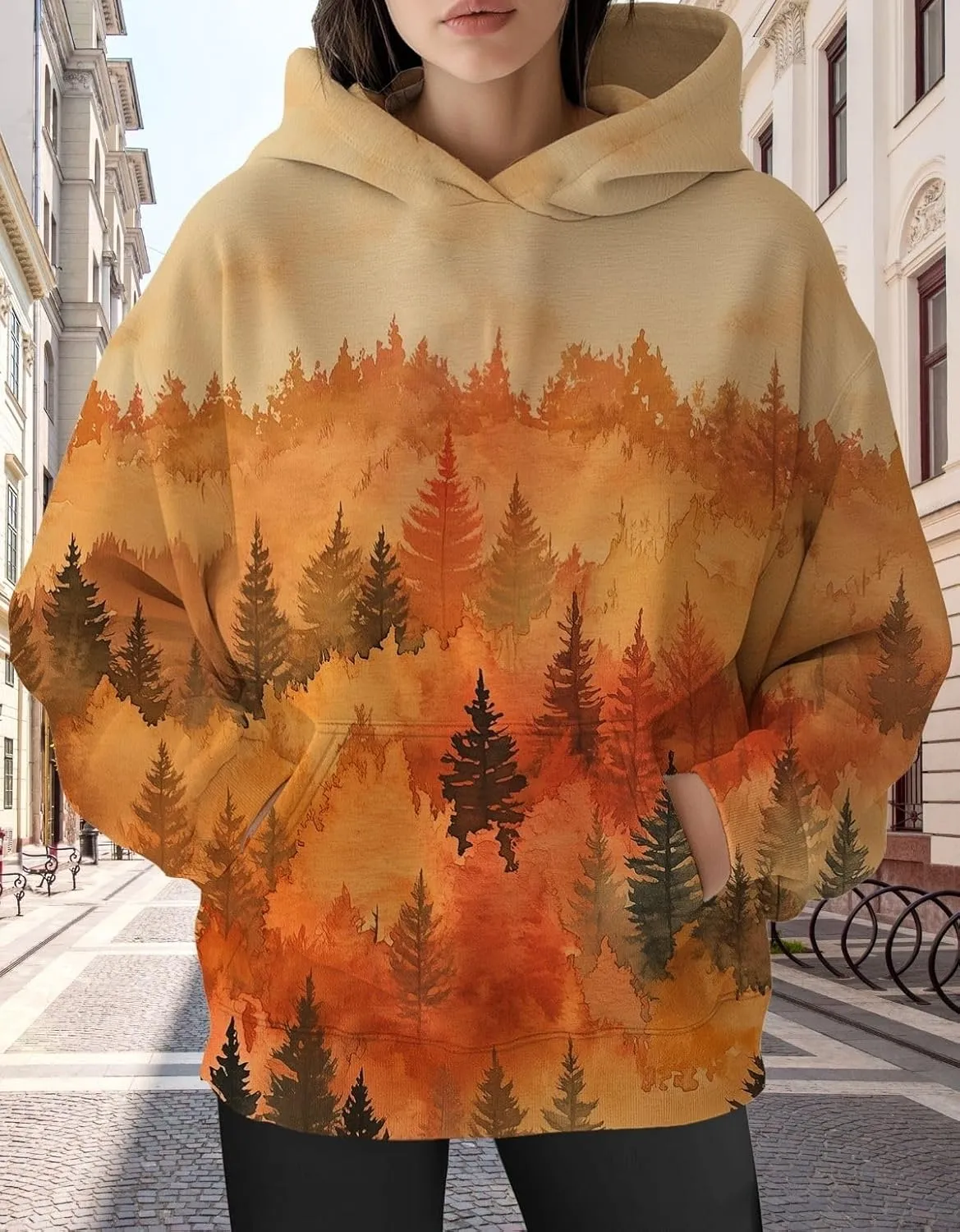 Womens Oversized Hoodies Maple Leaf Printed Long Sleeve Hooded Sweatshirt Pullover Tops Fall Outfits with Pocket