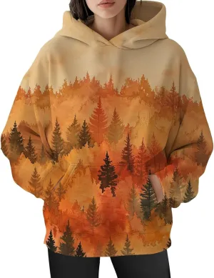 Womens Oversized Hoodies Maple Leaf Printed Long Sleeve Hooded Sweatshirt Pullover Tops Fall Outfits with Pocket