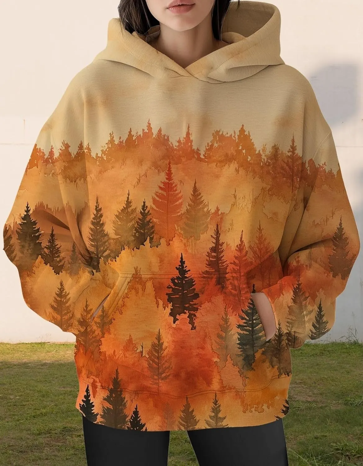 Womens Oversized Hoodies Maple Leaf Printed Long Sleeve Hooded Sweatshirt Pullover Tops Fall Outfits with Pocket