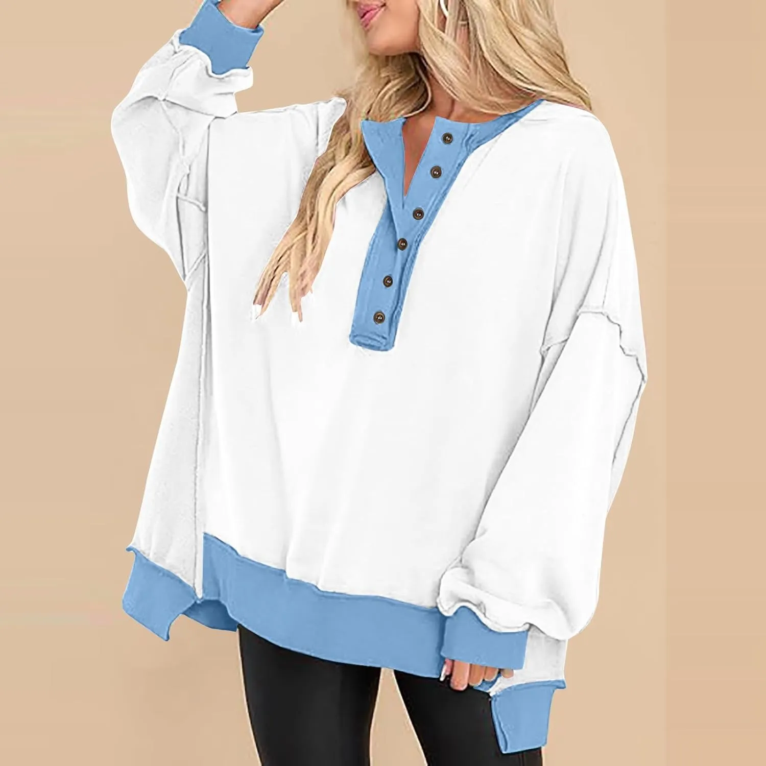Women's Oversized Sweatshirt Casual Trendy Long Sleeve Button V Neck Pullover Tunic Tops Fall Fashion Outfits