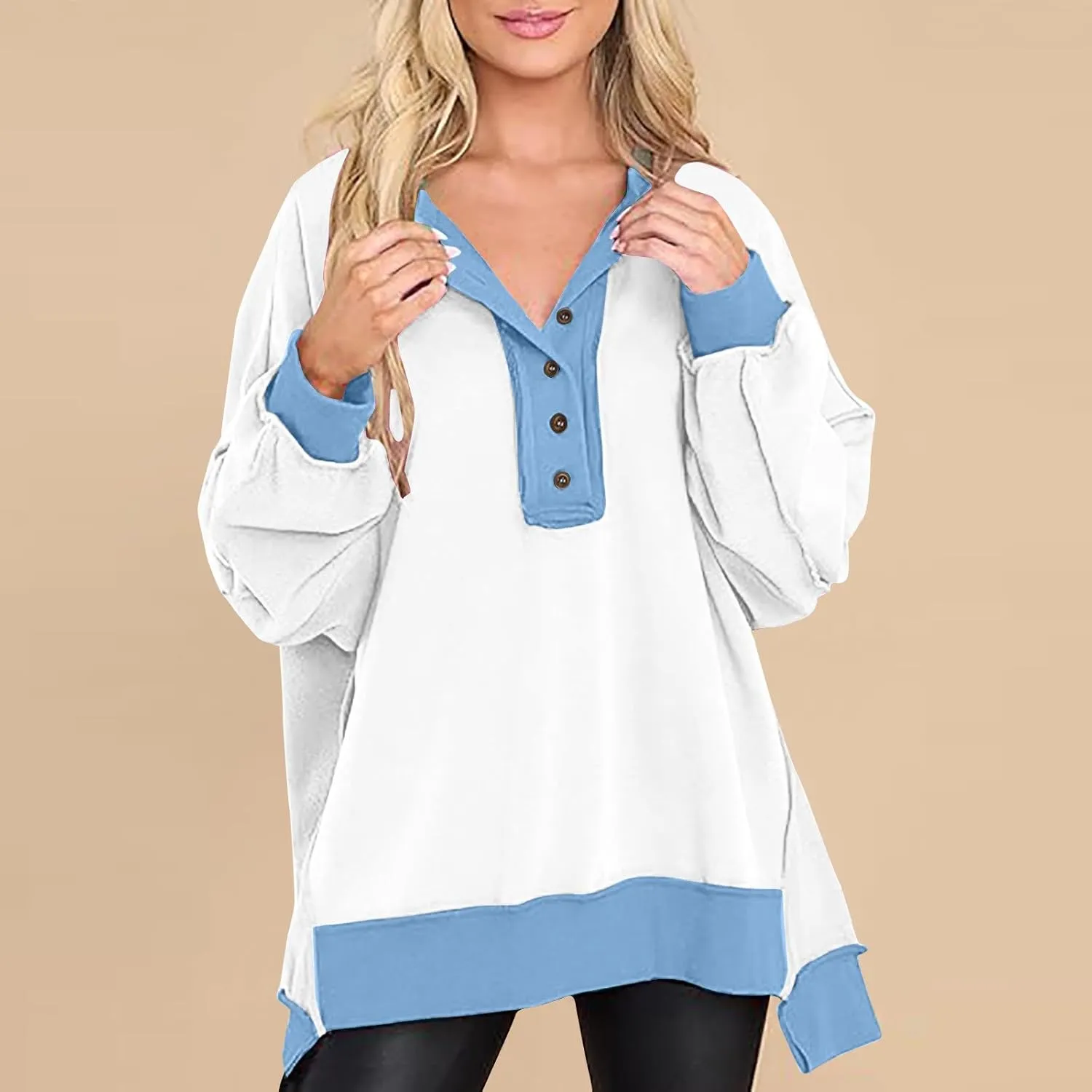 Women's Oversized Sweatshirt Casual Trendy Long Sleeve Button V Neck Pullover Tunic Tops Fall Fashion Outfits