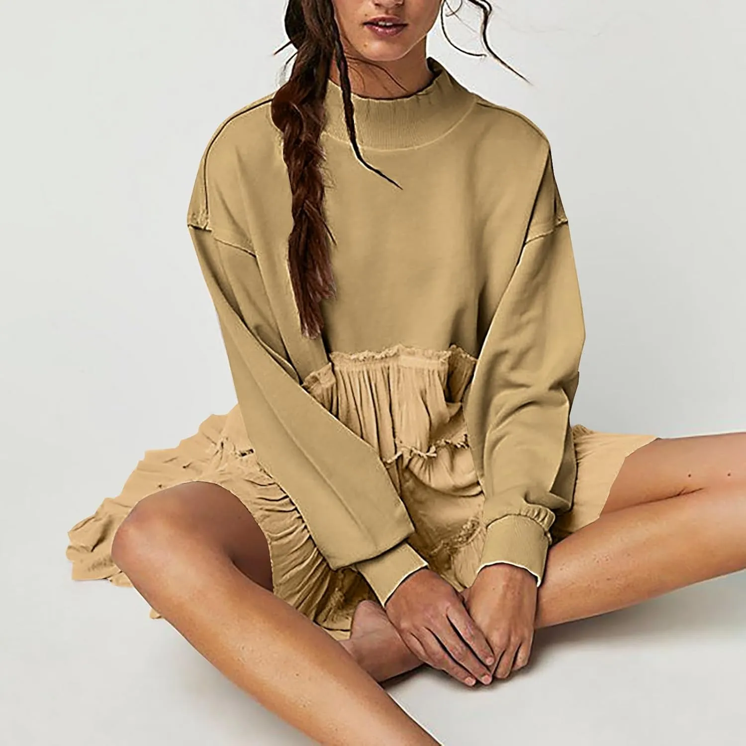 Women's Oversized Sweatshirt Mini Dress Long Sleeve Ruffle Hem Patchwork Pullover Tops Flowy Pleated Shirt Dresses