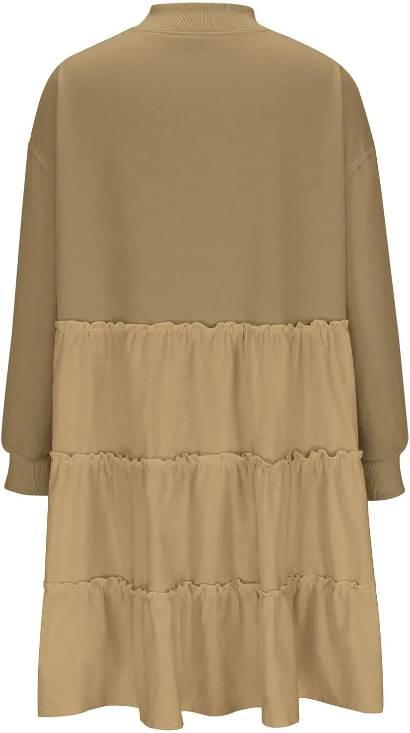 Women's Oversized Sweatshirt Mini Dress Long Sleeve Ruffle Hem Patchwork Pullover Tops Flowy Pleated Shirt Dresses