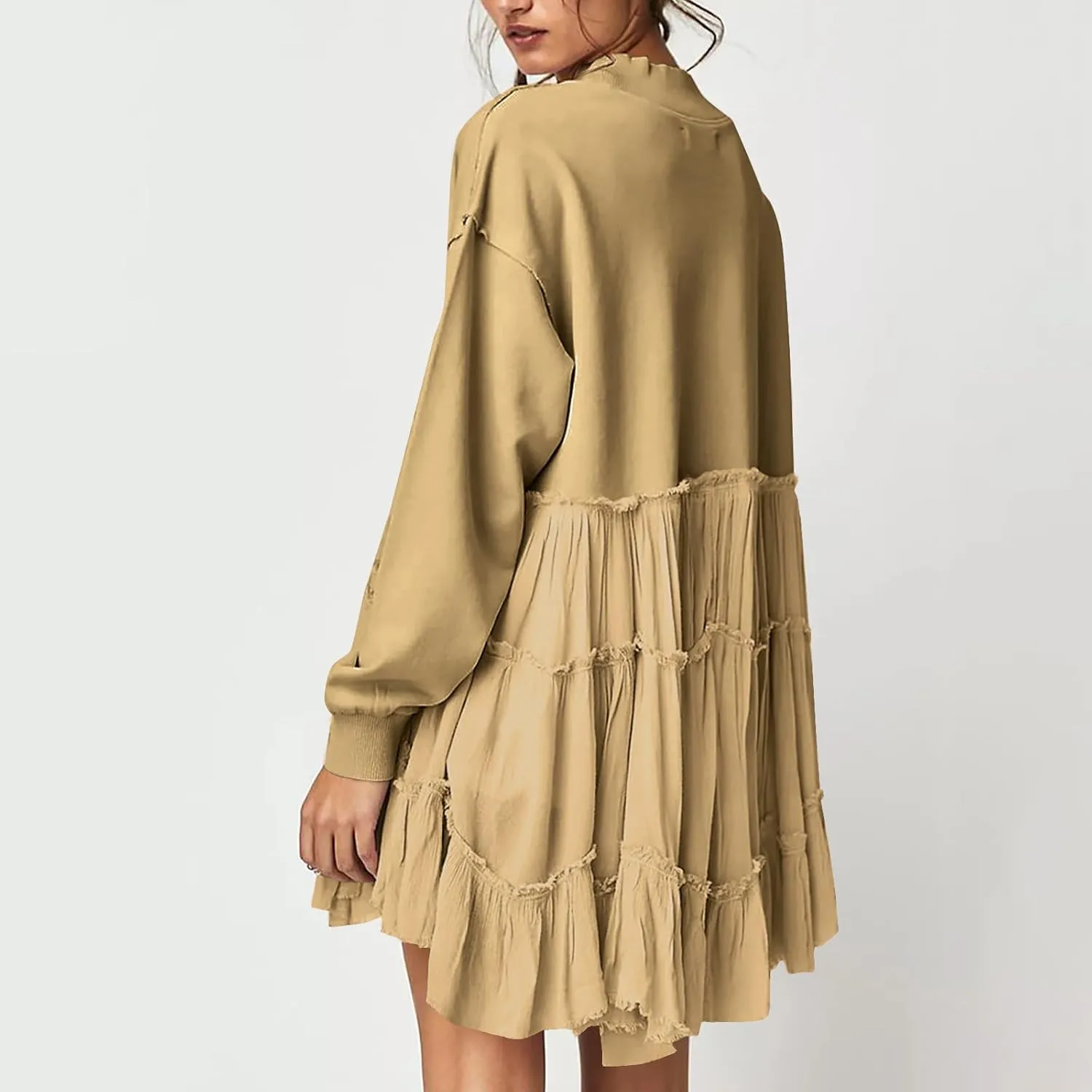 Women's Oversized Sweatshirt Mini Dress Long Sleeve Ruffle Hem Patchwork Pullover Tops Flowy Pleated Shirt Dresses