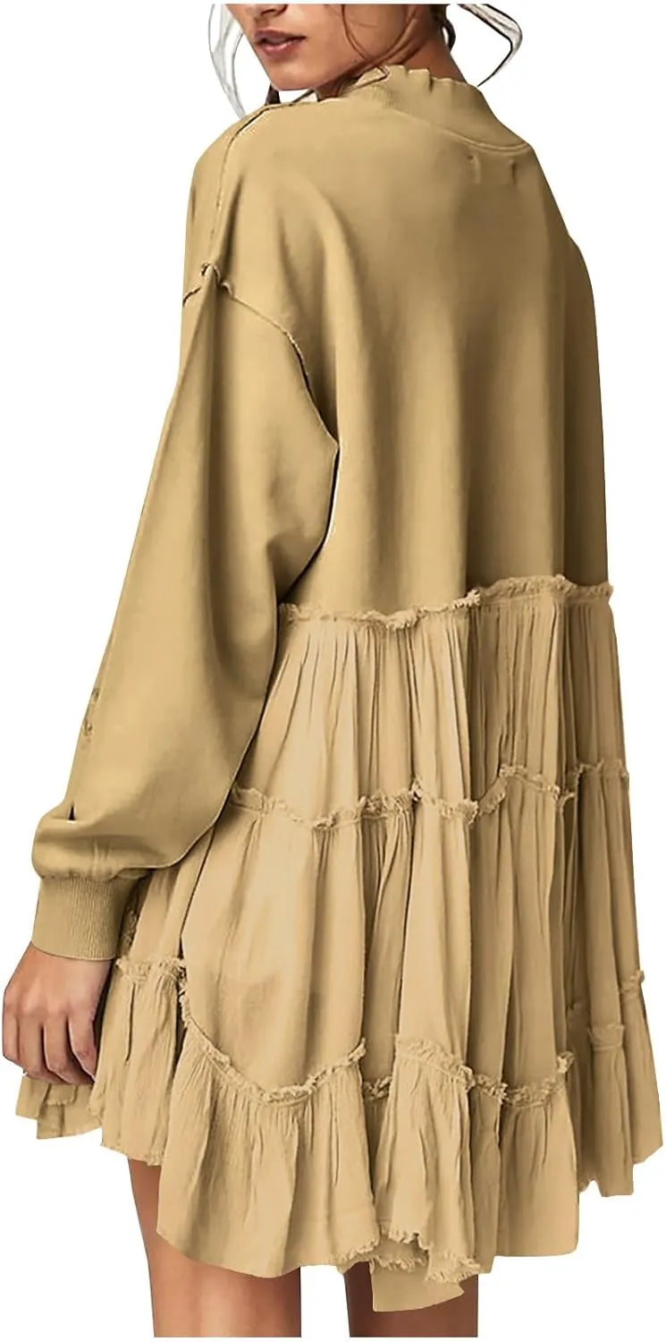 Women's Oversized Sweatshirt Mini Dress Long Sleeve Ruffle Hem Patchwork Pullover Tops Flowy Pleated Shirt Dresses