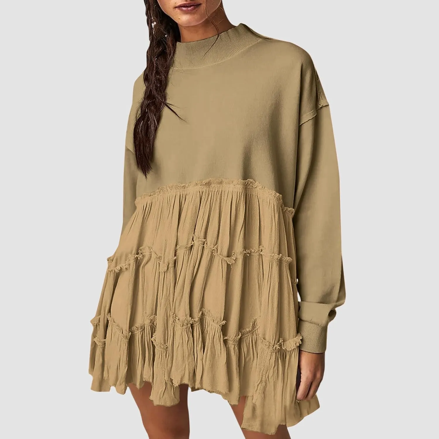 Women's Oversized Sweatshirt Mini Dress Long Sleeve Ruffle Hem Patchwork Pullover Tops Flowy Pleated Shirt Dresses