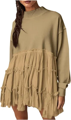 Women's Oversized Sweatshirt Mini Dress Long Sleeve Ruffle Hem Patchwork Pullover Tops Flowy Pleated Shirt Dresses