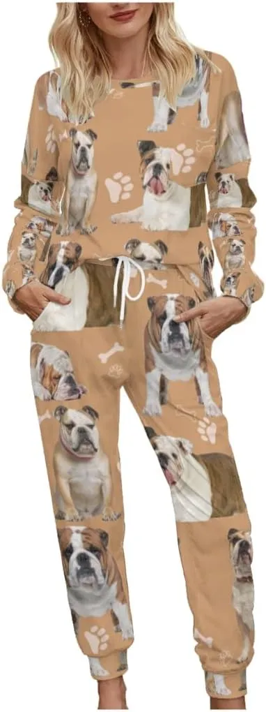 Women's Pajama Sets Bulldog Funny Dogs Animals Long Sleeve Pullover and Pants PJ Set Loungewear