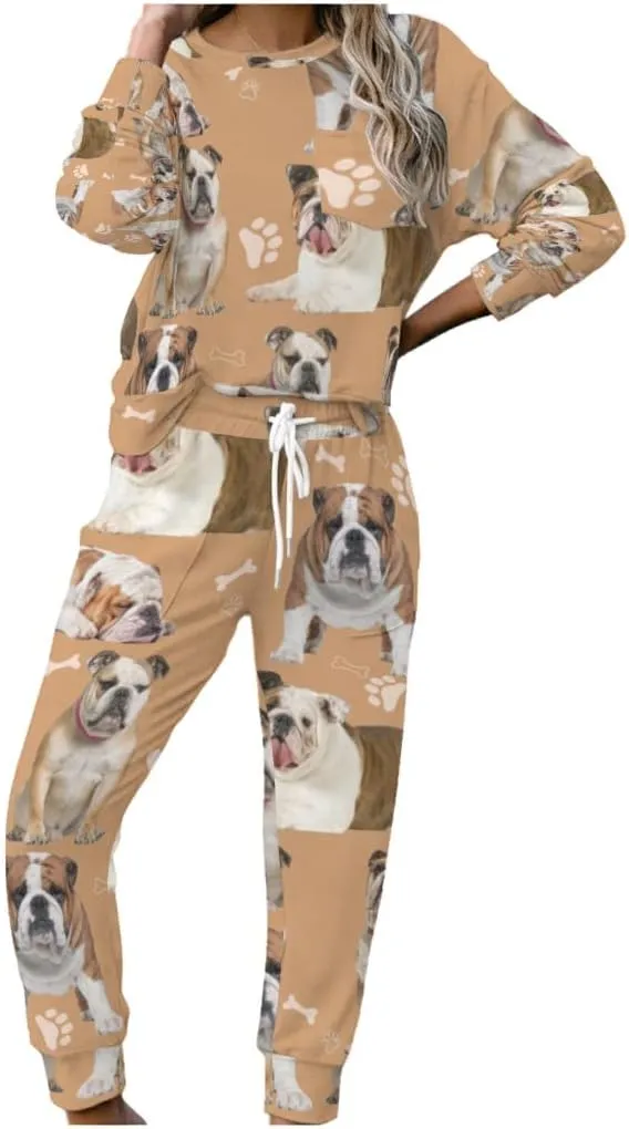 Women's Pajama Sets Bulldog Funny Dogs Animals Long Sleeve Pullover and Pants PJ Set Loungewear