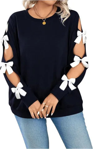Women's Plus Size Sweatshirts Bow Cut Out Long Sleeve Cute Pullover Tops Spring Fall Clothes Trendy