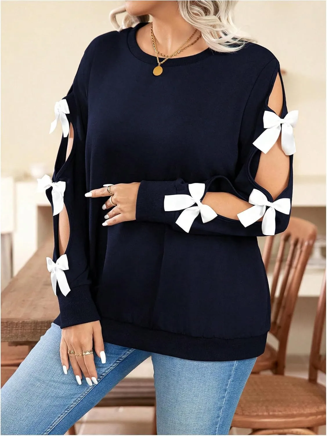 Women's Plus Size Sweatshirts Bow Cut Out Long Sleeve Cute Pullover Tops Spring Fall Clothes Trendy