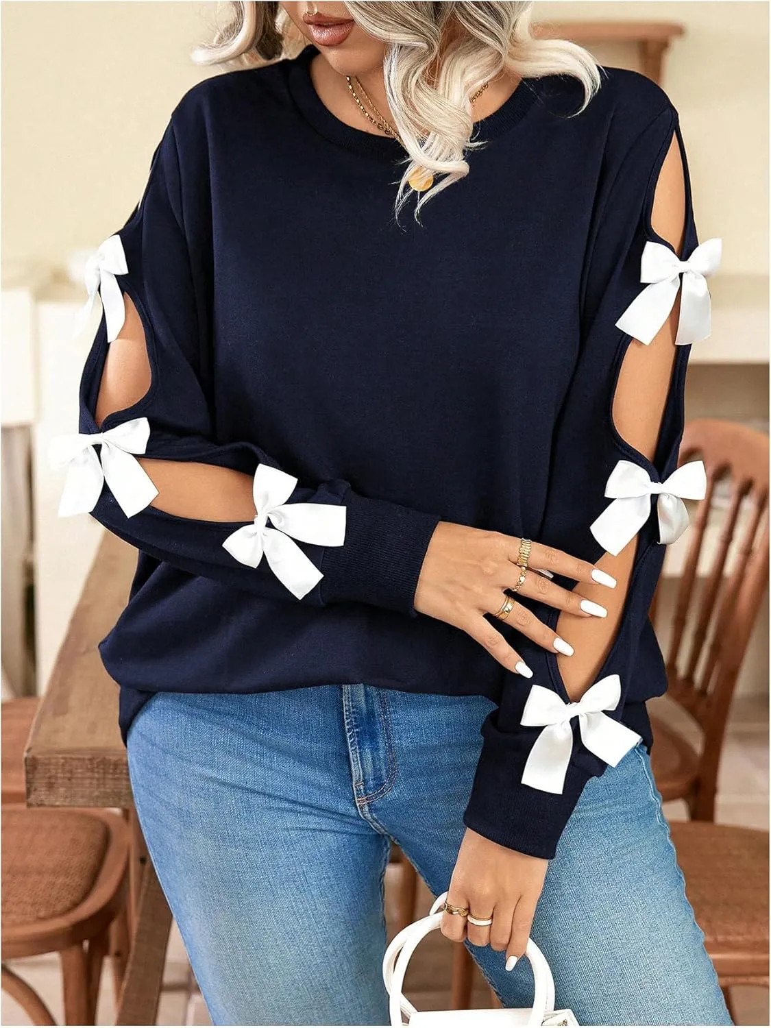 Women's Plus Size Sweatshirts Bow Cut Out Long Sleeve Cute Pullover Tops Spring Fall Clothes Trendy