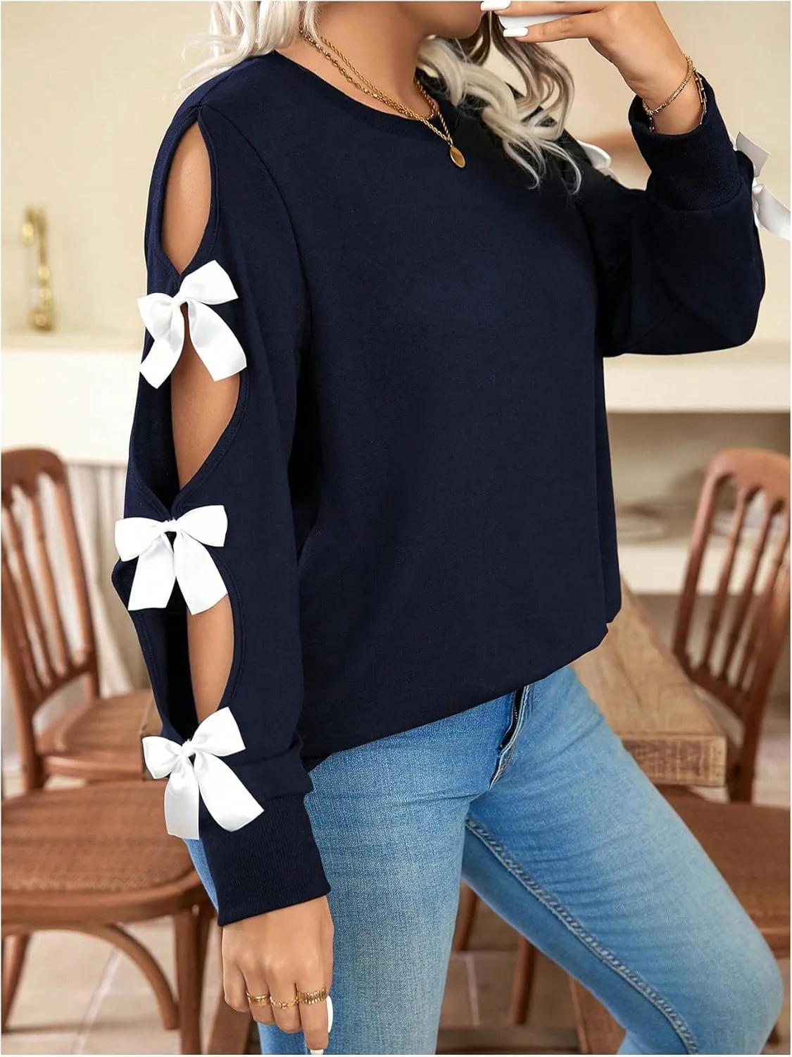 Women's Plus Size Sweatshirts Bow Cut Out Long Sleeve Cute Pullover Tops Spring Fall Clothes Trendy