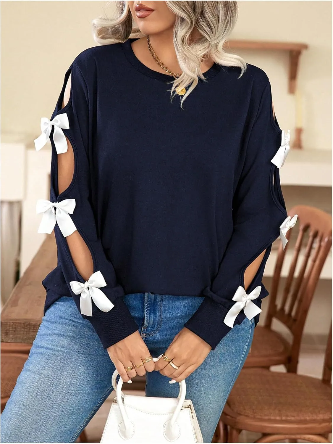 Women's Plus Size Sweatshirts Bow Cut Out Long Sleeve Cute Pullover Tops Spring Fall Clothes Trendy