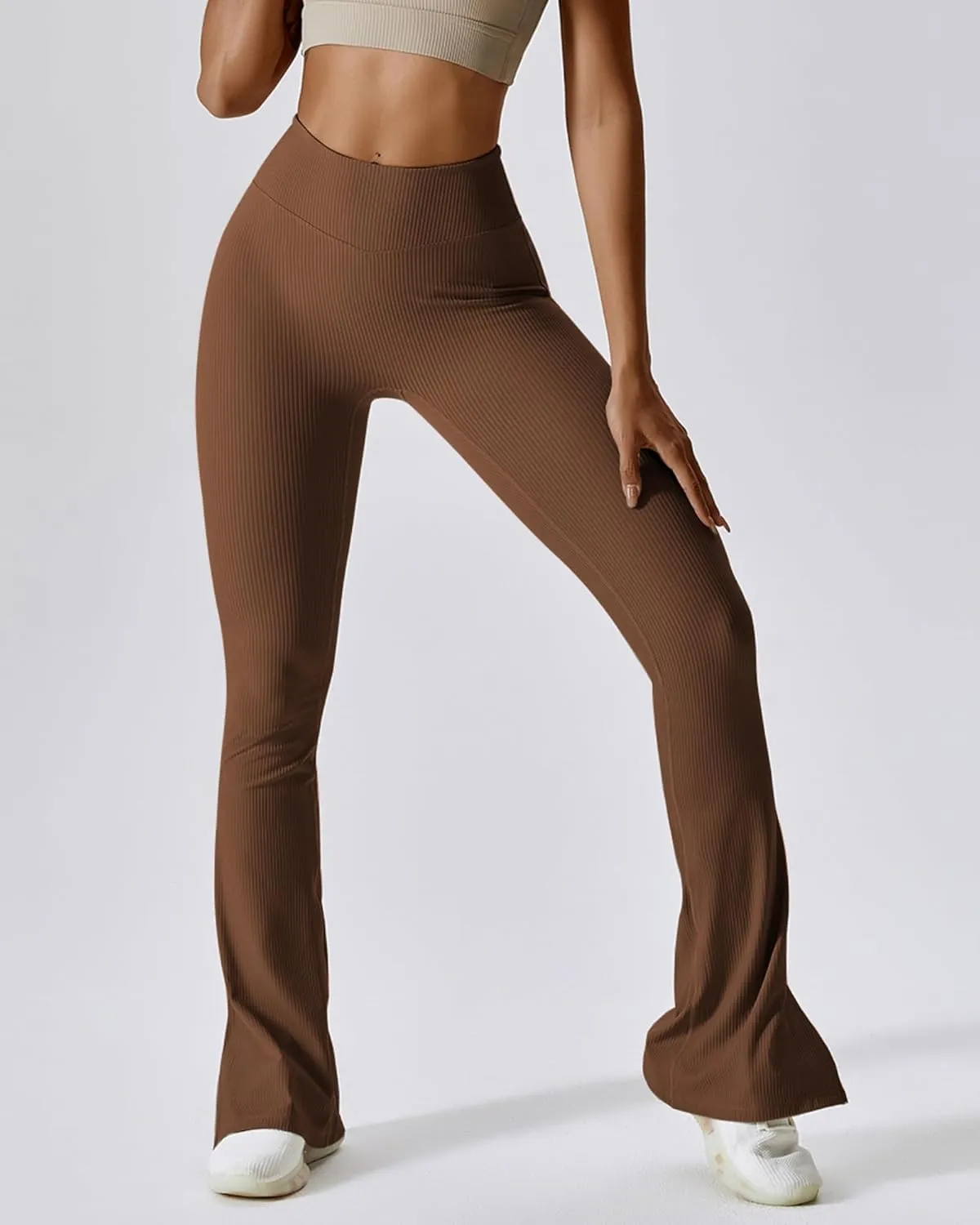 Womens Ribbed Flared Leggings Slit Hem High Waist Bootcut Yoga Pants Workout Bootleg Pants