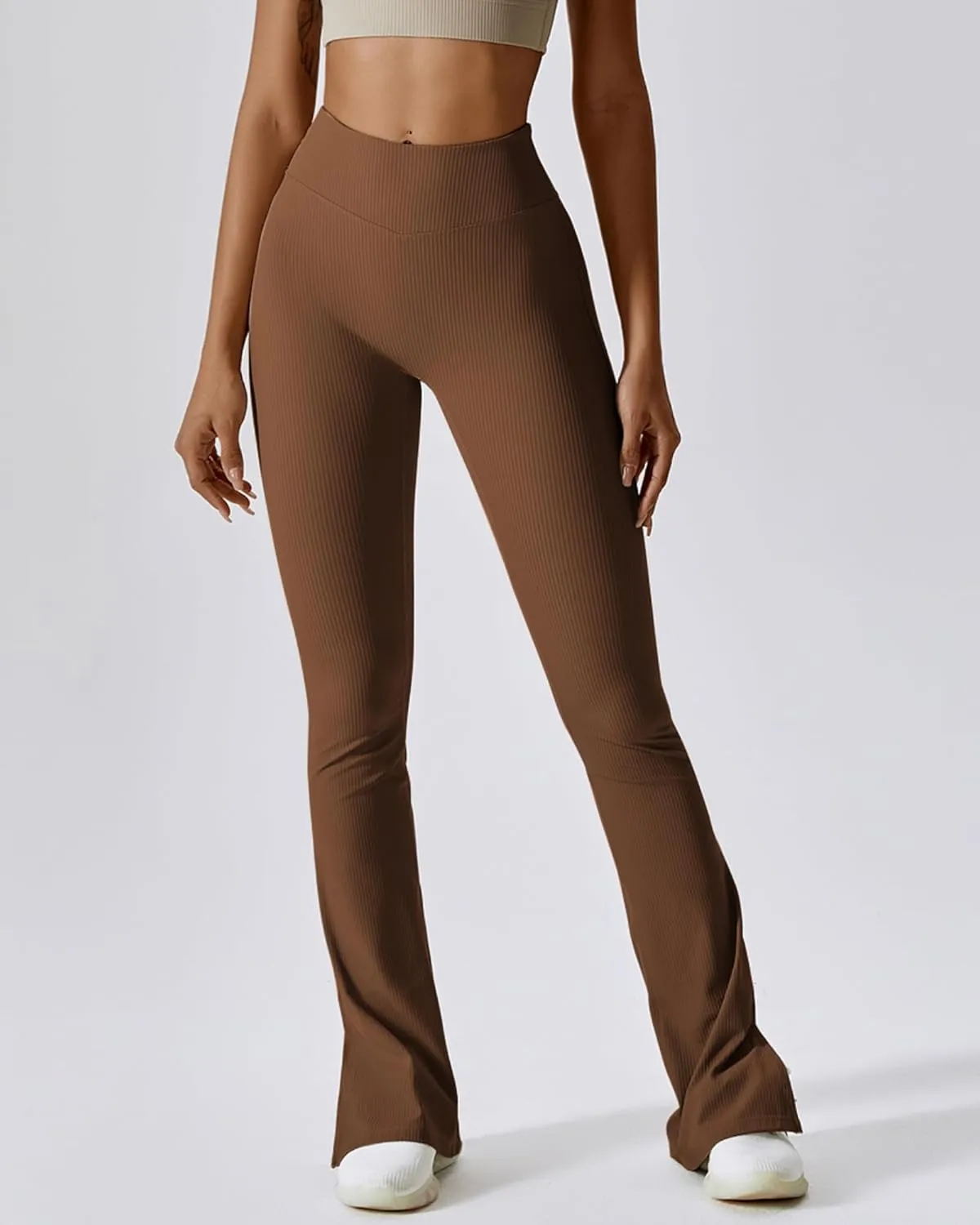 Womens Ribbed Flared Leggings Slit Hem High Waist Bootcut Yoga Pants Workout Bootleg Pants