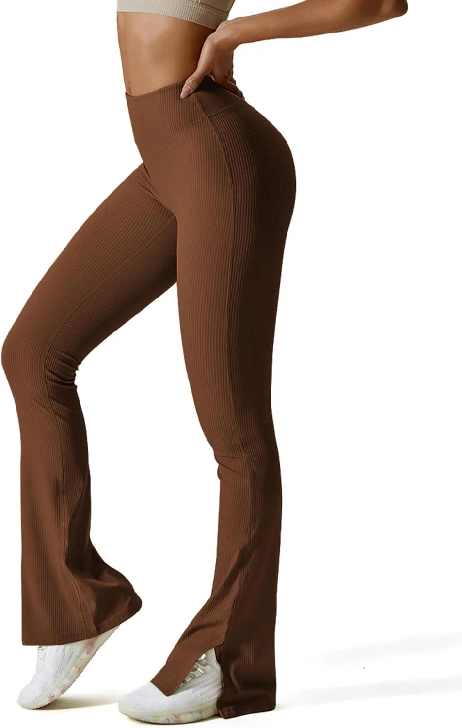Womens Ribbed Flared Leggings Slit Hem High Waist Bootcut Yoga Pants Workout Bootleg Pants