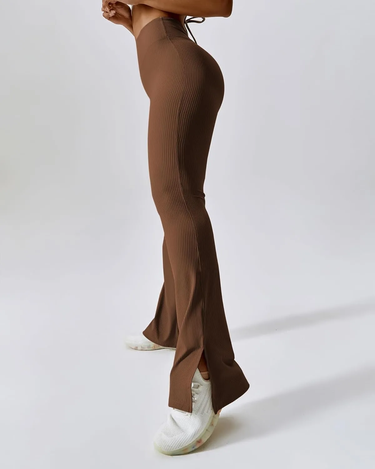 Womens Ribbed Flared Leggings Slit Hem High Waist Bootcut Yoga Pants Workout Bootleg Pants