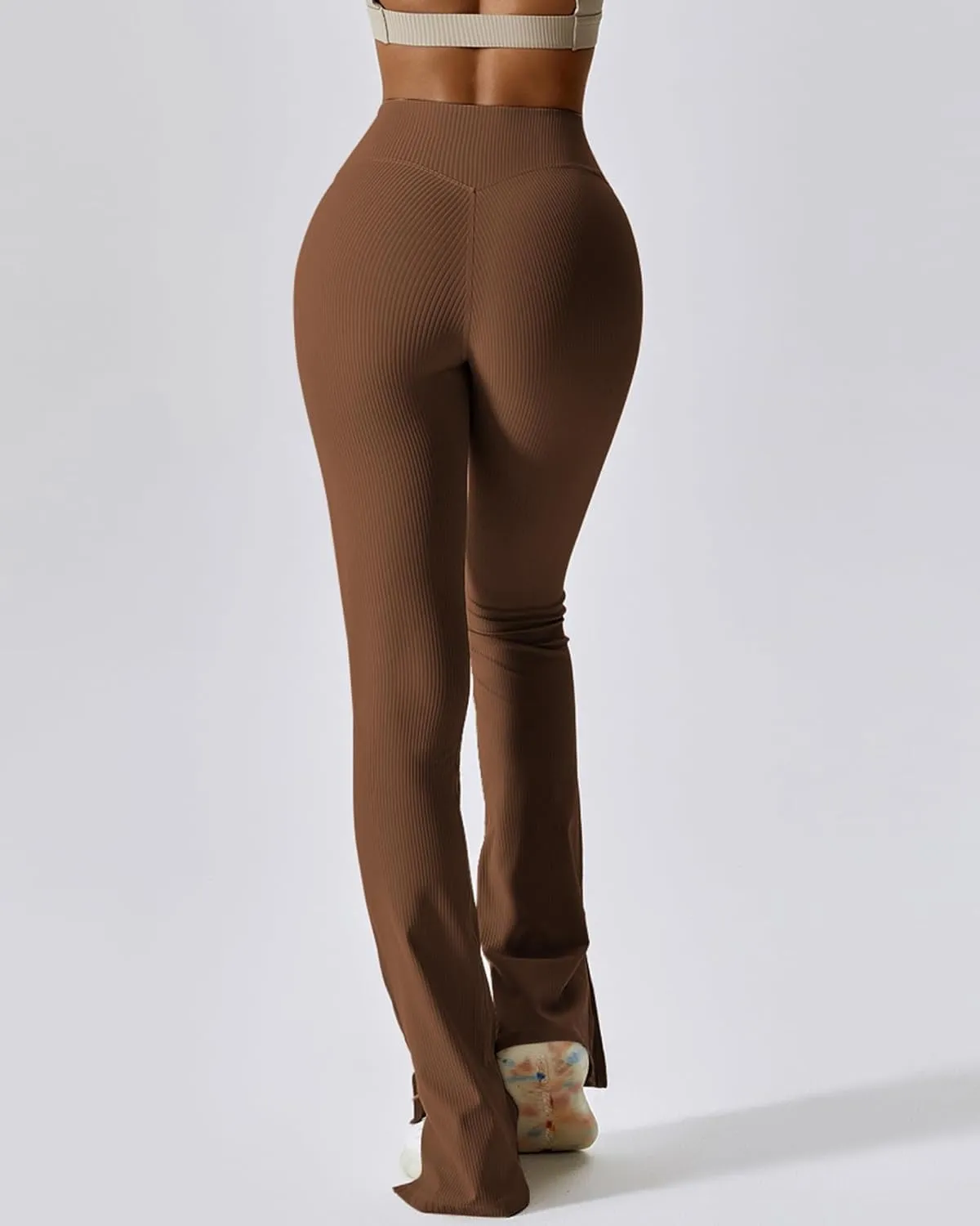 Womens Ribbed Flared Leggings Slit Hem High Waist Bootcut Yoga Pants Workout Bootleg Pants