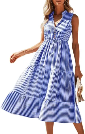 Women's Shirt Dresses Sleeveless V Neck Midi Dress Striped Pleated Ruffle Tunic Tops Casual Dress with Button