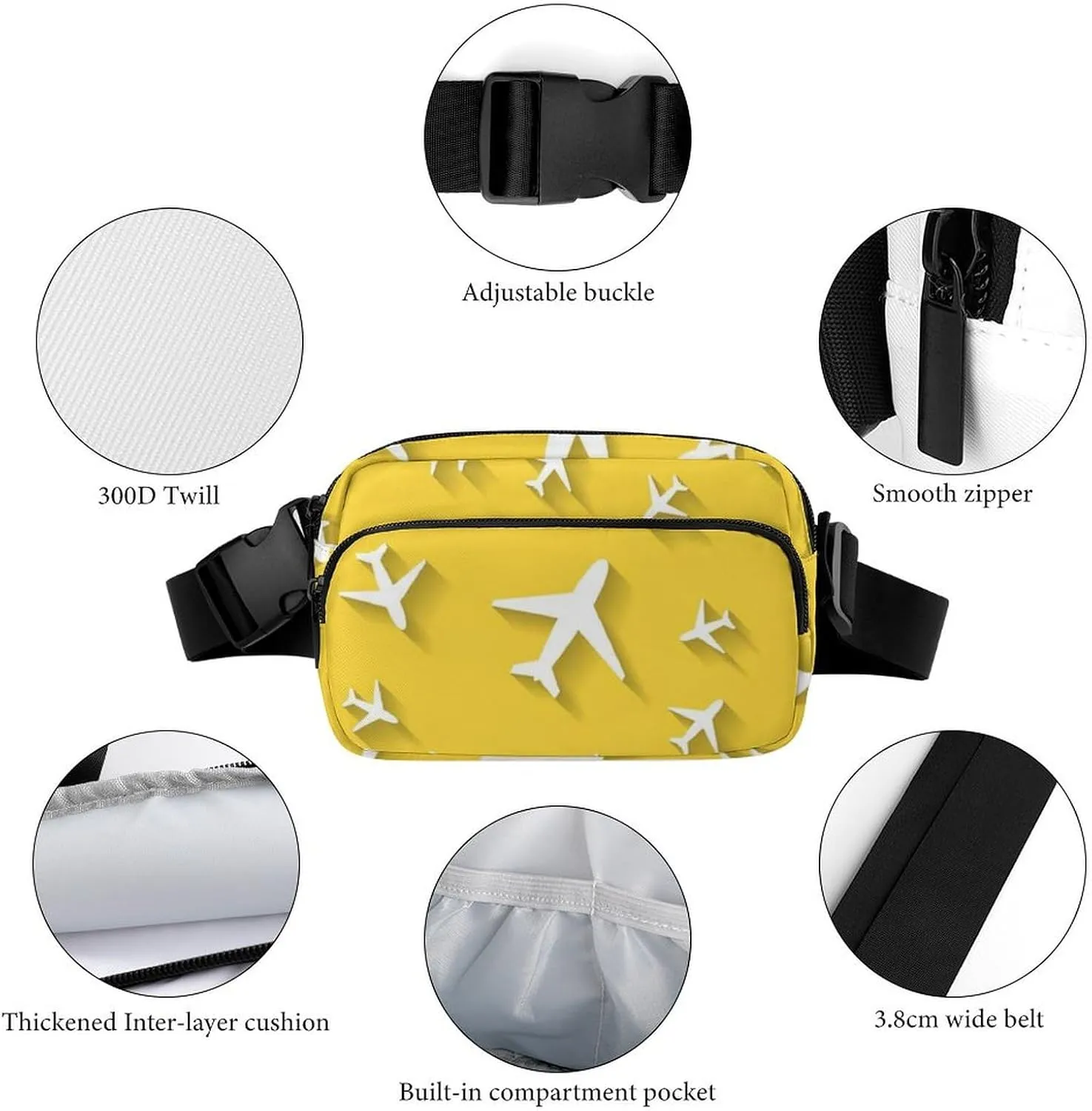 Womens Sport Fanny Pack - Adjustable Belt Bag Compatible with Cartoon Airplane Yellow for Travel/Hiking