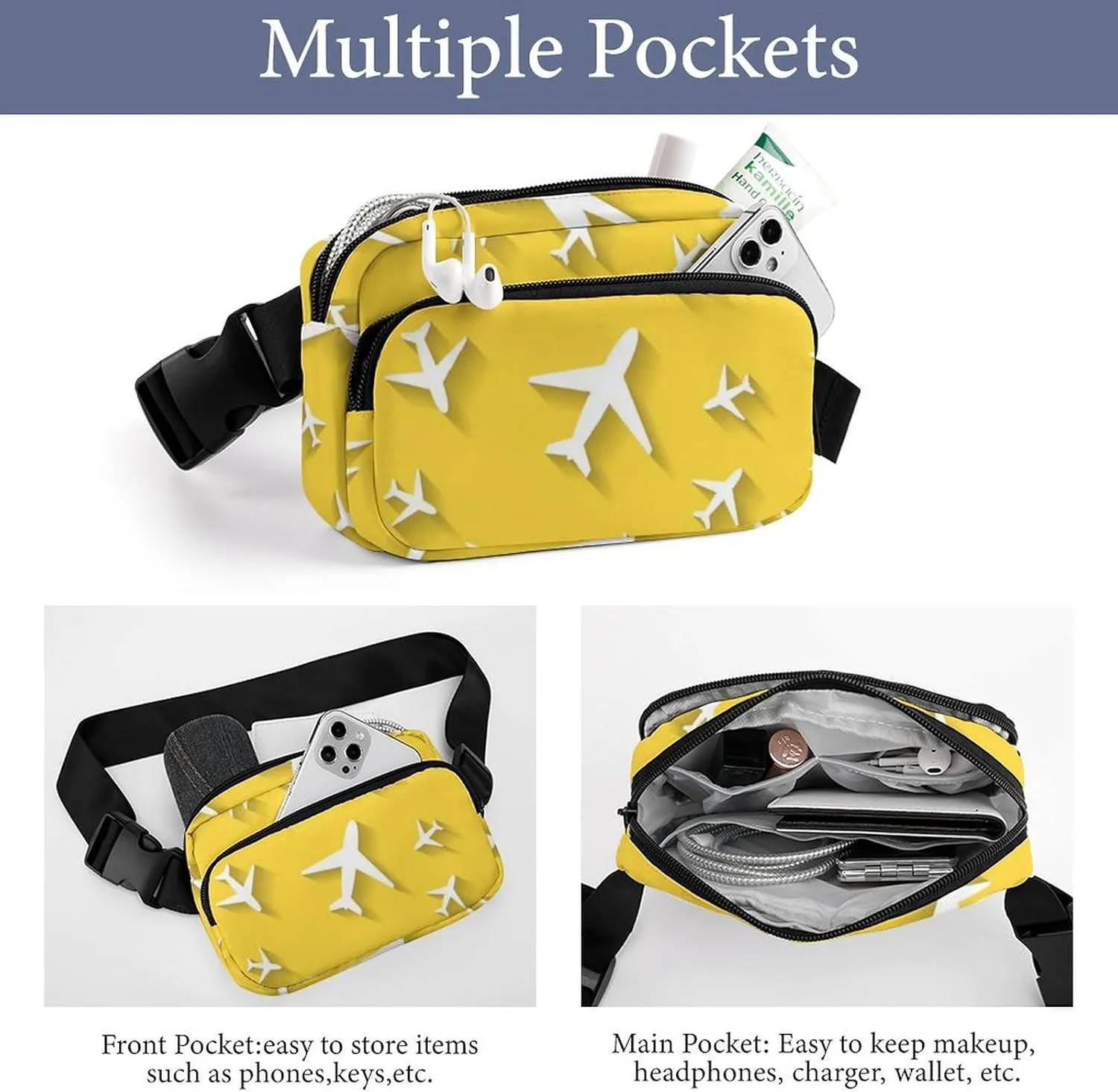 Womens Sport Fanny Pack - Adjustable Belt Bag Compatible with Cartoon Airplane Yellow for Travel/Hiking