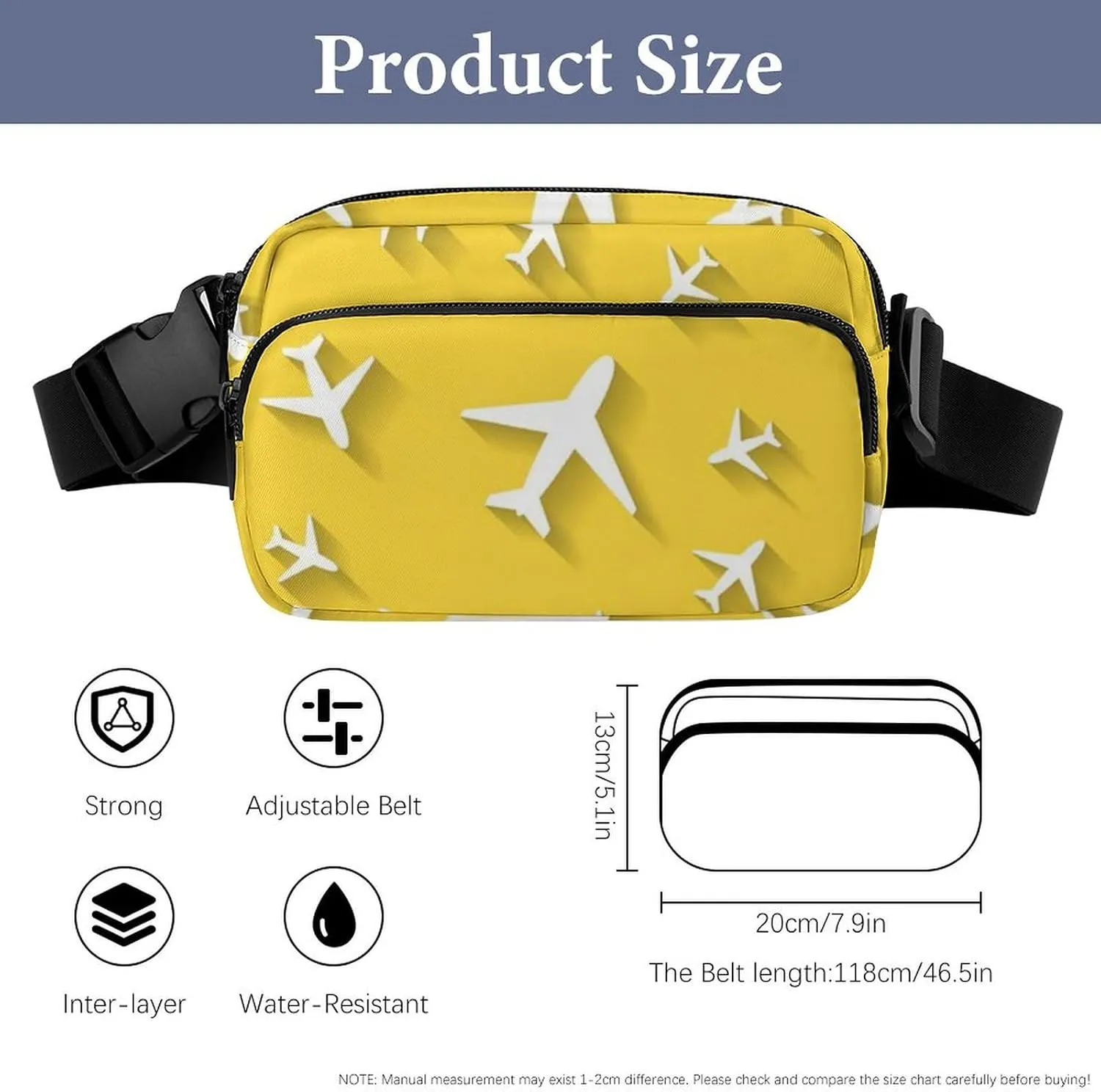 Womens Sport Fanny Pack - Adjustable Belt Bag Compatible with Cartoon Airplane Yellow for Travel/Hiking