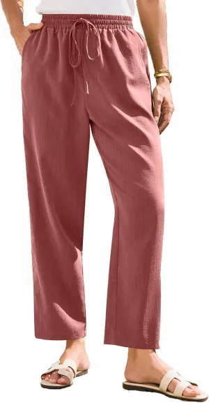 Womens Summer Casual Cotton and Linen High Waist Pants 2025 Fashion Drawstring Loose Fit Trousers with Pockets