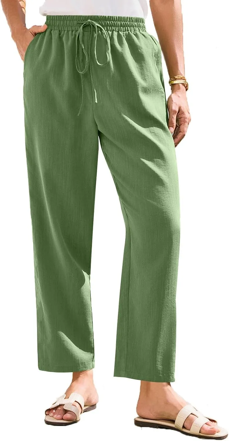 Womens Summer Casual Cotton and Linen High Waist Pants 2025 Fashion Drawstring Loose Fit Trousers with Pockets