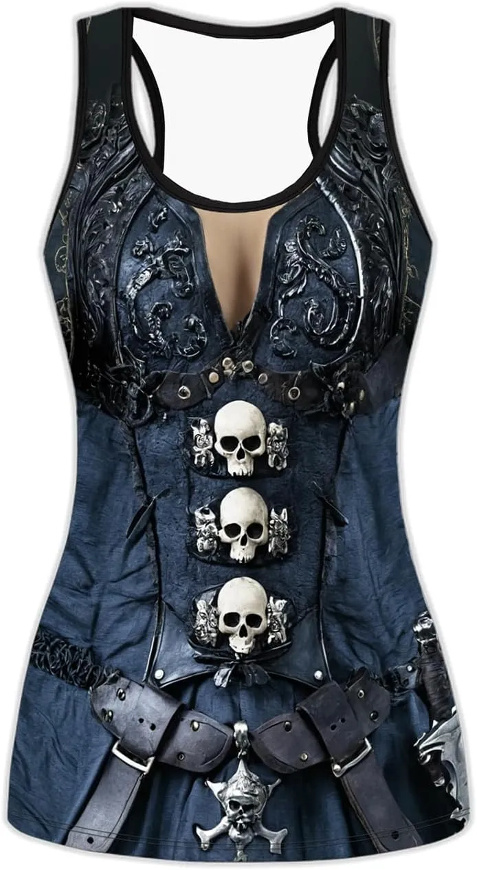 Women's Summer Tank Tops Pirate Knight Skull Sexy and Funny Print Slim Crewneck Sleeveless Top Vest