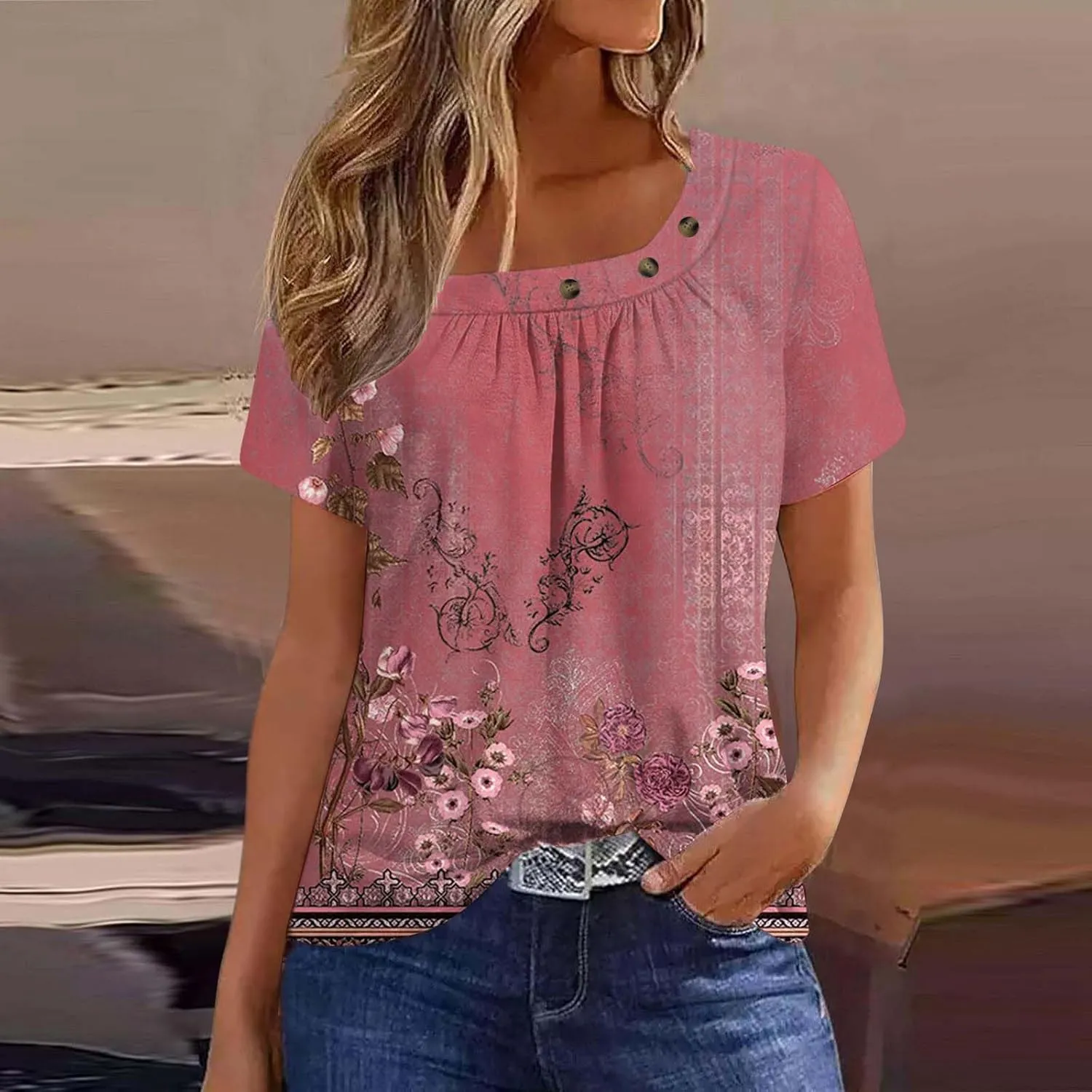Womens Summer Tops Dressy Trendy Boho Floral Print Short Sleeve T Shirts Casual Loose Fit Basic Tunic Blouses Tees