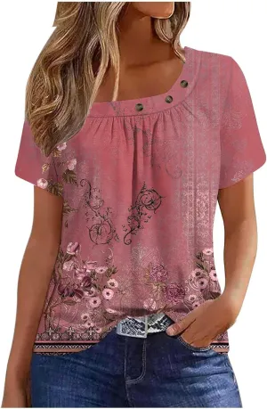 Womens Summer Tops Dressy Trendy Boho Floral Print Short Sleeve T Shirts Casual Loose Fit Basic Tunic Blouses Tees