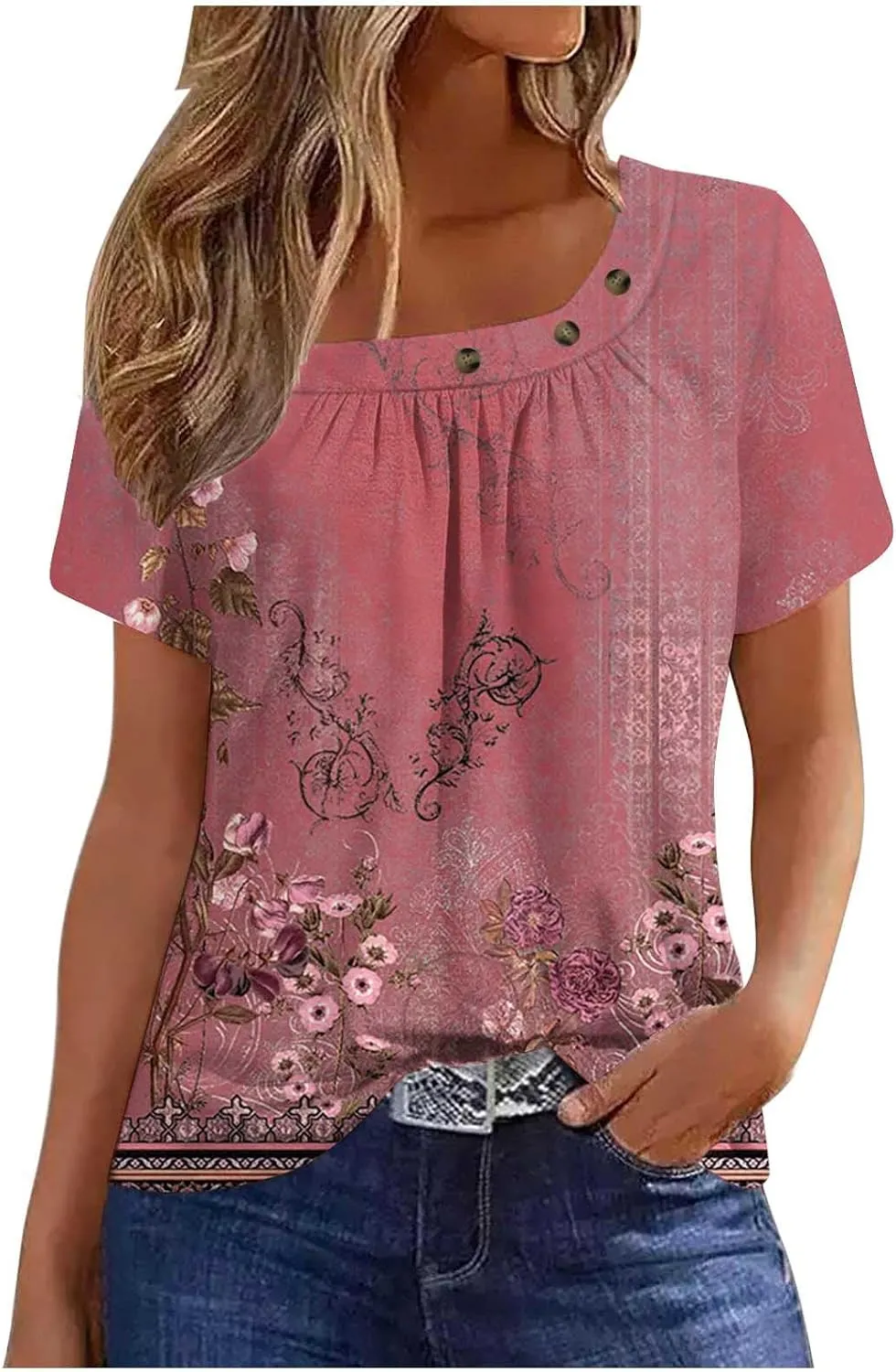 Womens Summer Tops Dressy Trendy Boho Floral Print Short Sleeve T Shirts Casual Loose Fit Basic Tunic Blouses Tees