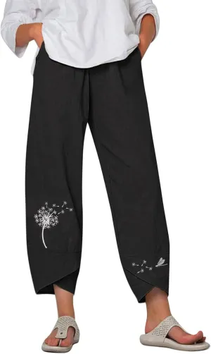 Womens Summer Wide Leg Linen Cropped Pant Dandelions Graphic Tulip Hem Trousers Lightweight Loose Fit Outfits with Pockets