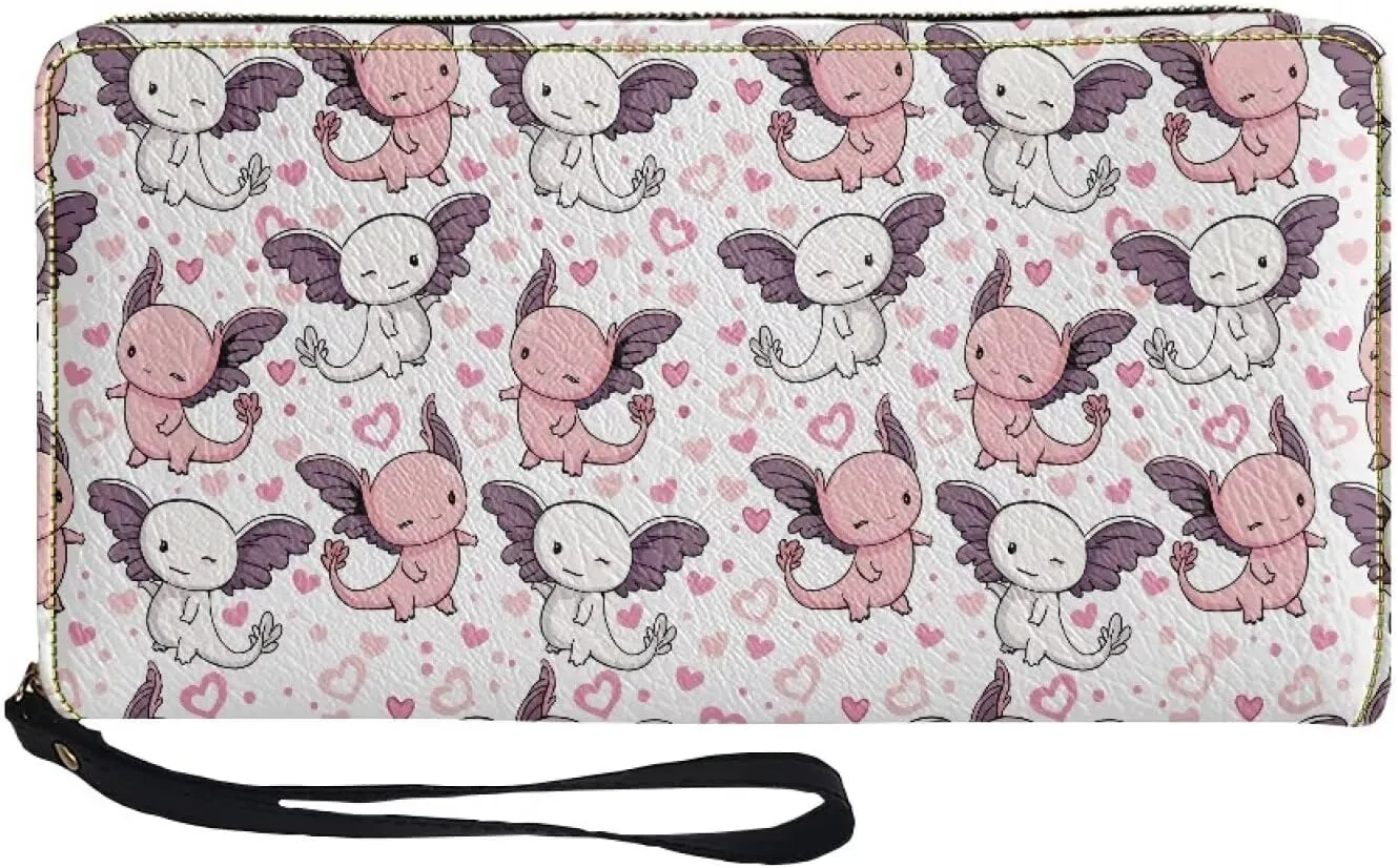 Women's Wallet with Wristlet Cute Axolotl Pink Hearts Print Travel Zip Around Clutch Wallet Large Capacity with PU Leather Smartphone Wallet Waterproof Clutch Purse for Credit Card,Cash,Coin
