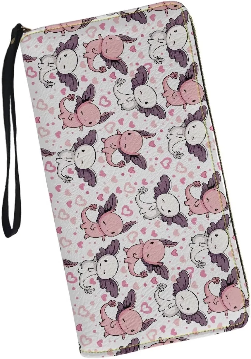 Women's Wallet with Wristlet Cute Axolotl Pink Hearts Print Travel Zip Around Clutch Wallet Large Capacity with PU Leather Smartphone Wallet Waterproof Clutch Purse for Credit Card,Cash,Coin