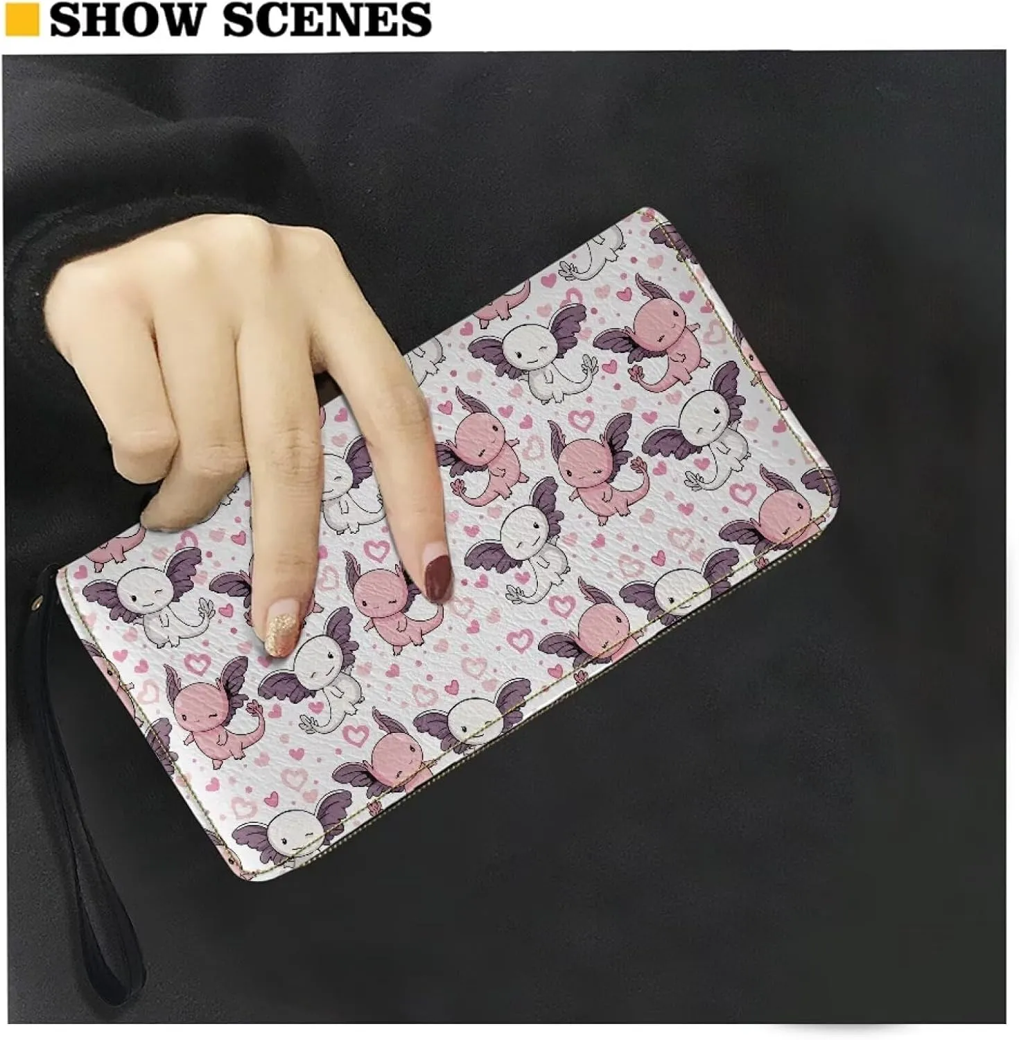 Women's Wallet with Wristlet Cute Axolotl Pink Hearts Print Travel Zip Around Clutch Wallet Large Capacity with PU Leather Smartphone Wallet Waterproof Clutch Purse for Credit Card,Cash,Coin