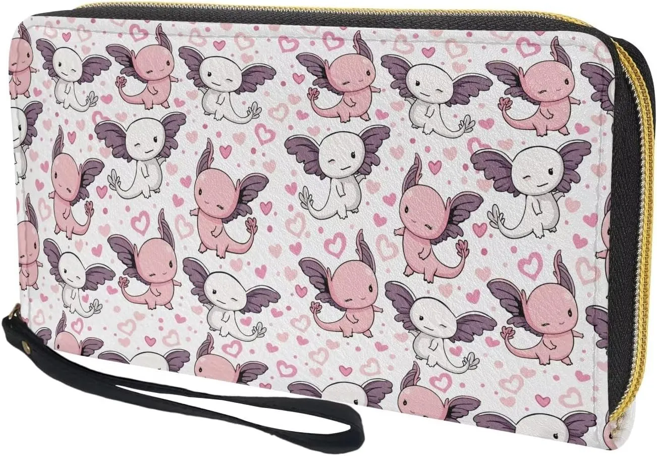 Women's Wallet with Wristlet Cute Axolotl Pink Hearts Print Travel Zip Around Clutch Wallet Large Capacity with PU Leather Smartphone Wallet Waterproof Clutch Purse for Credit Card,Cash,Coin