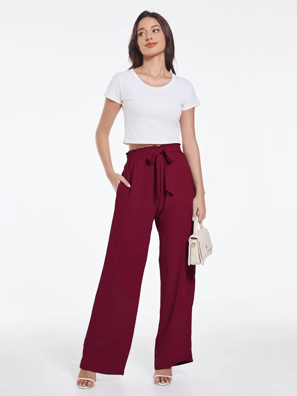 Womens Wide Leg Pants high wiasted Adjustable Tied Lightweight Busniness Vcation Fall Casual Trouser with Pockets