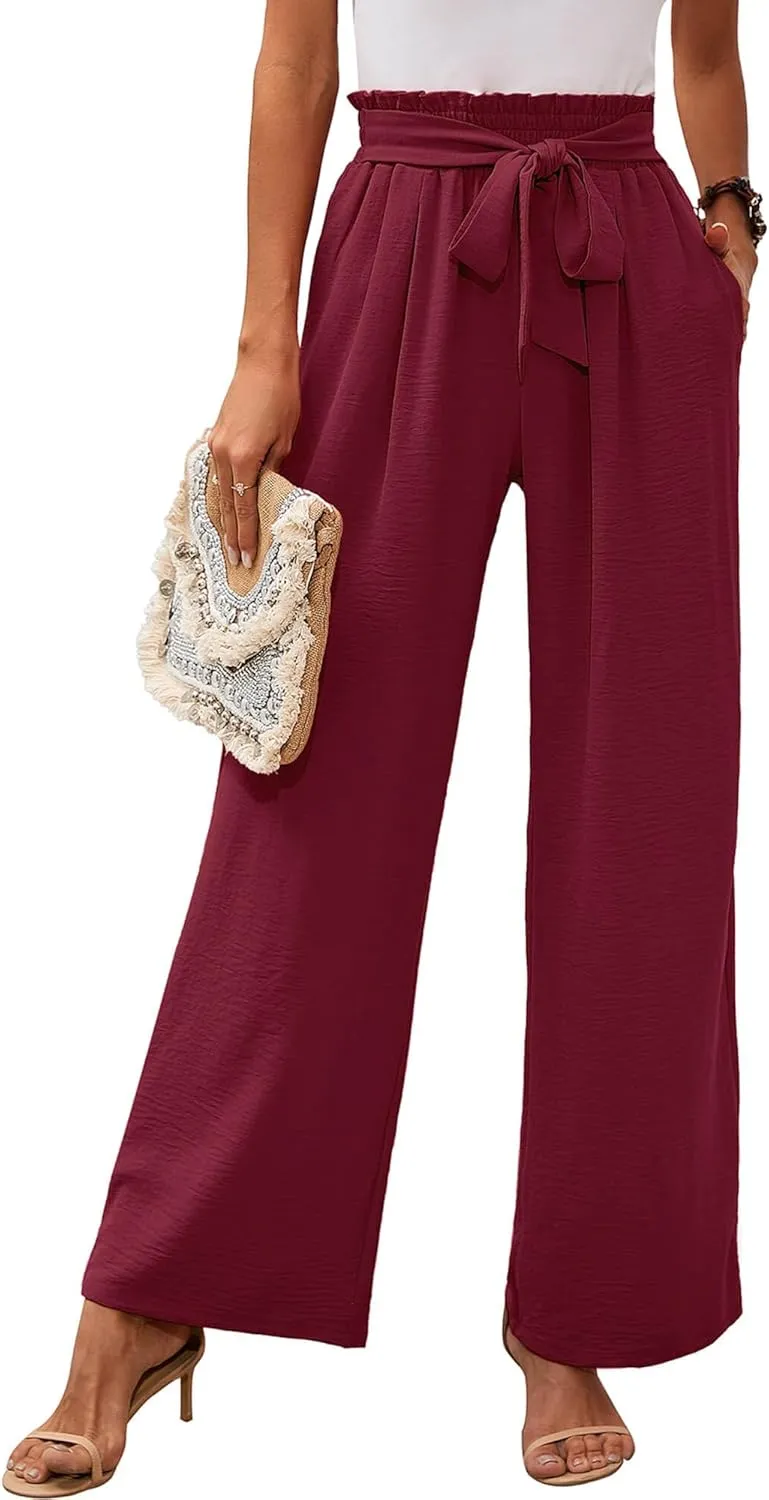 Womens Wide Leg Pants high wiasted Adjustable Tied Lightweight Busniness Vcation Fall Casual Trouser with Pockets