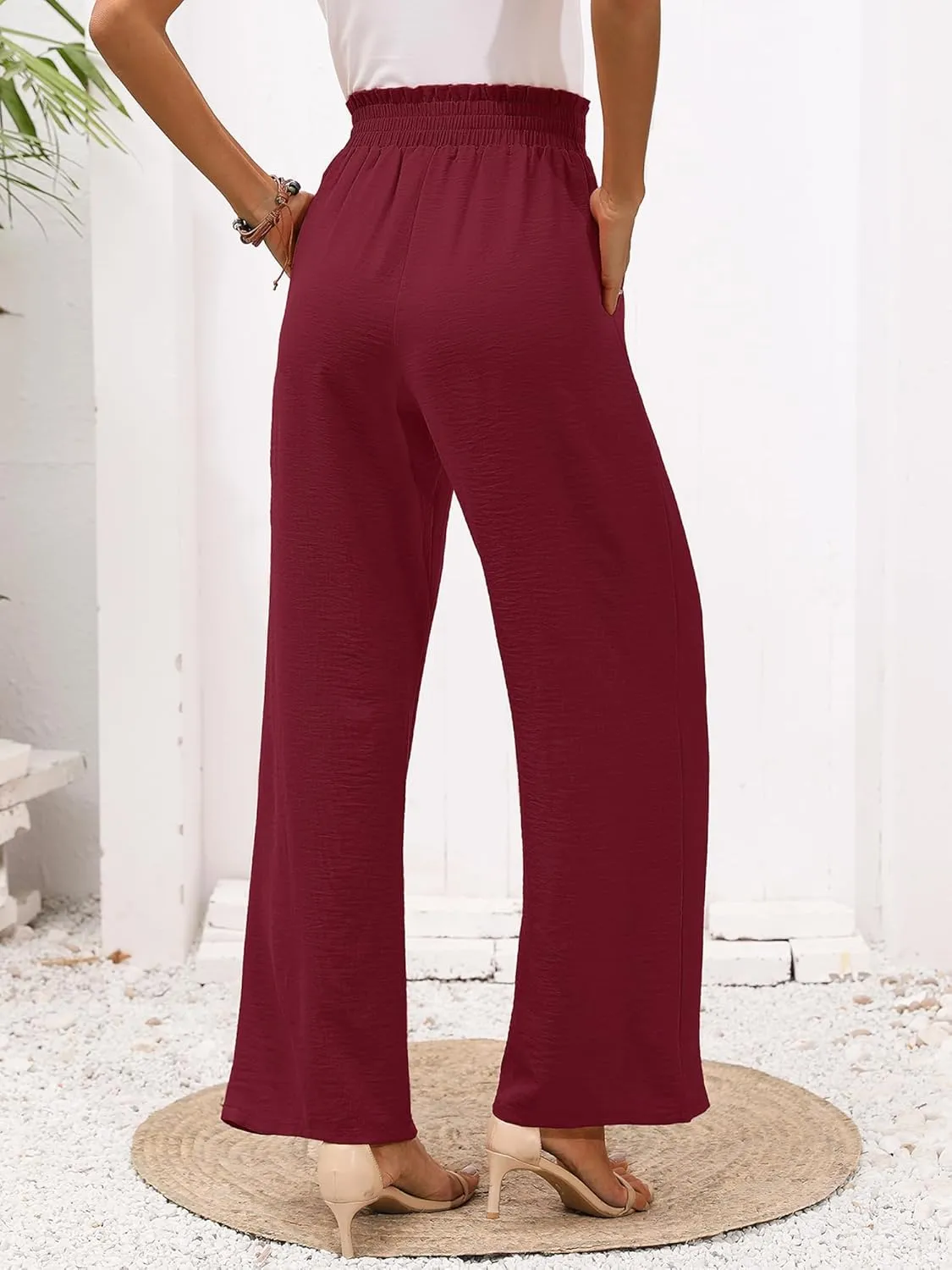 Womens Wide Leg Pants high wiasted Adjustable Tied Lightweight Busniness Vcation Fall Casual Trouser with Pockets