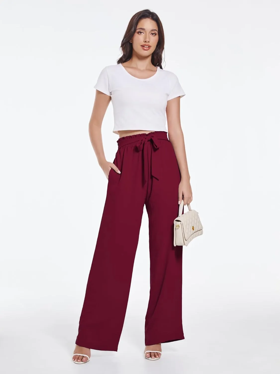 Womens Wide Leg Pants high wiasted Adjustable Tied Lightweight Busniness Vcation Fall Casual Trouser with Pockets