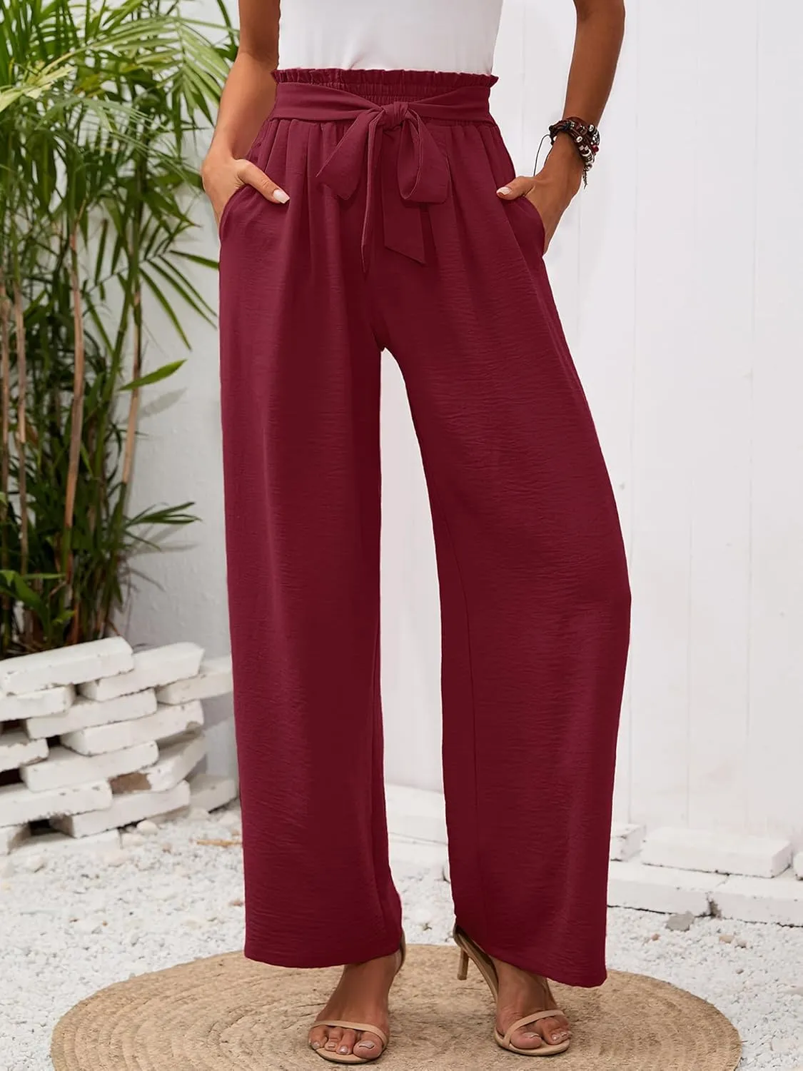 Womens Wide Leg Pants high wiasted Adjustable Tied Lightweight Busniness Vcation Fall Casual Trouser with Pockets