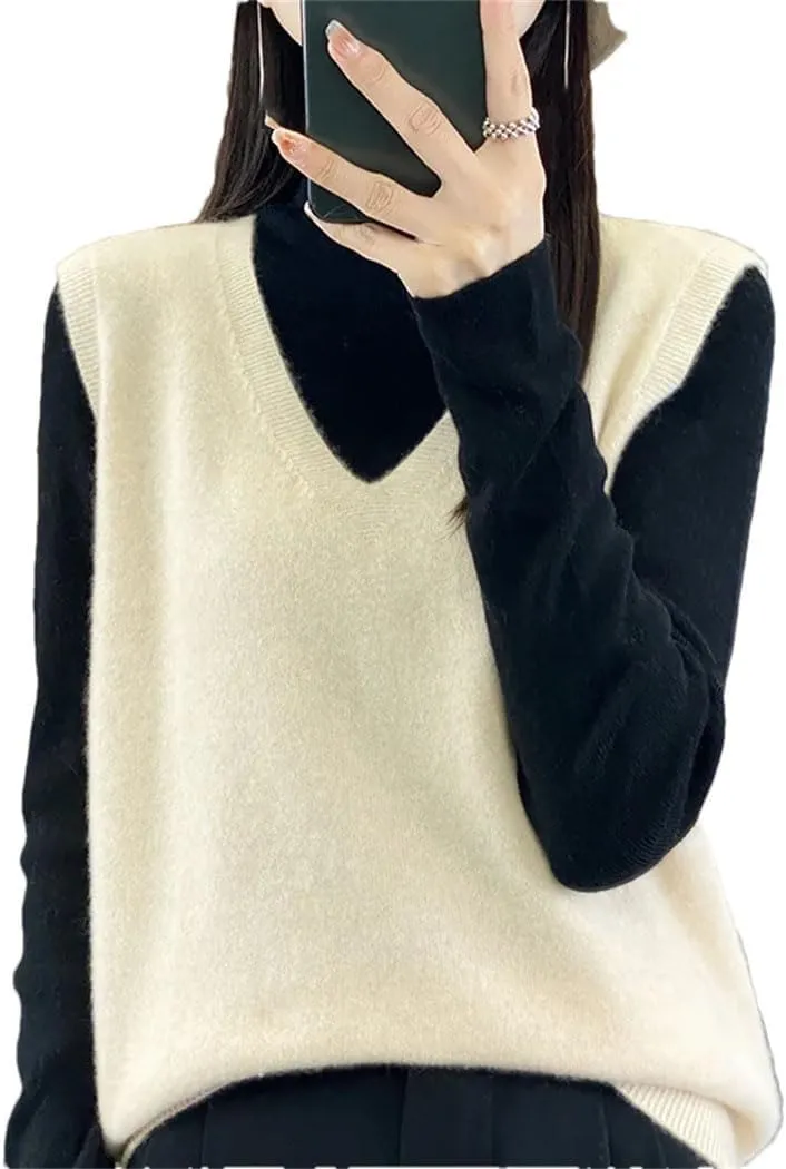 Women's Wool Undershirt V-Neck Solid Color Sleeveless Pullover Knit Sweater Fall Comfortable Soft Loose Tops