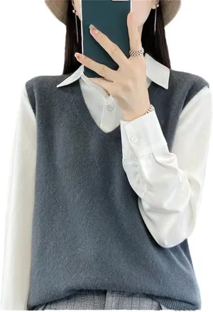 Women's Wool Undershirt V-Neck Solid Color Sleeveless Pullover Knit Sweater Fall Comfortable Soft Loose Tops