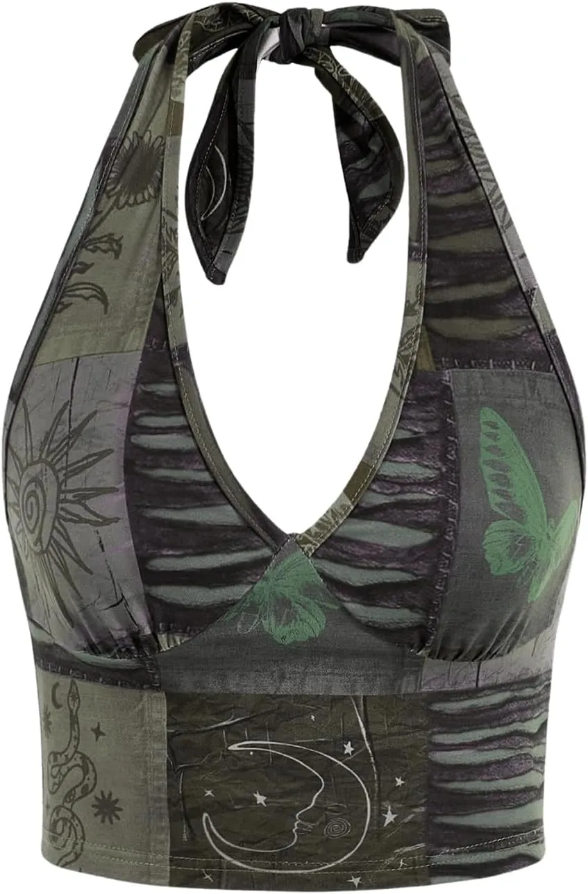 Women's Y2K Graphic Tie Backless Halter Top Slim Fit Sleeveless Camisole Crop Tops Going Out Outfits