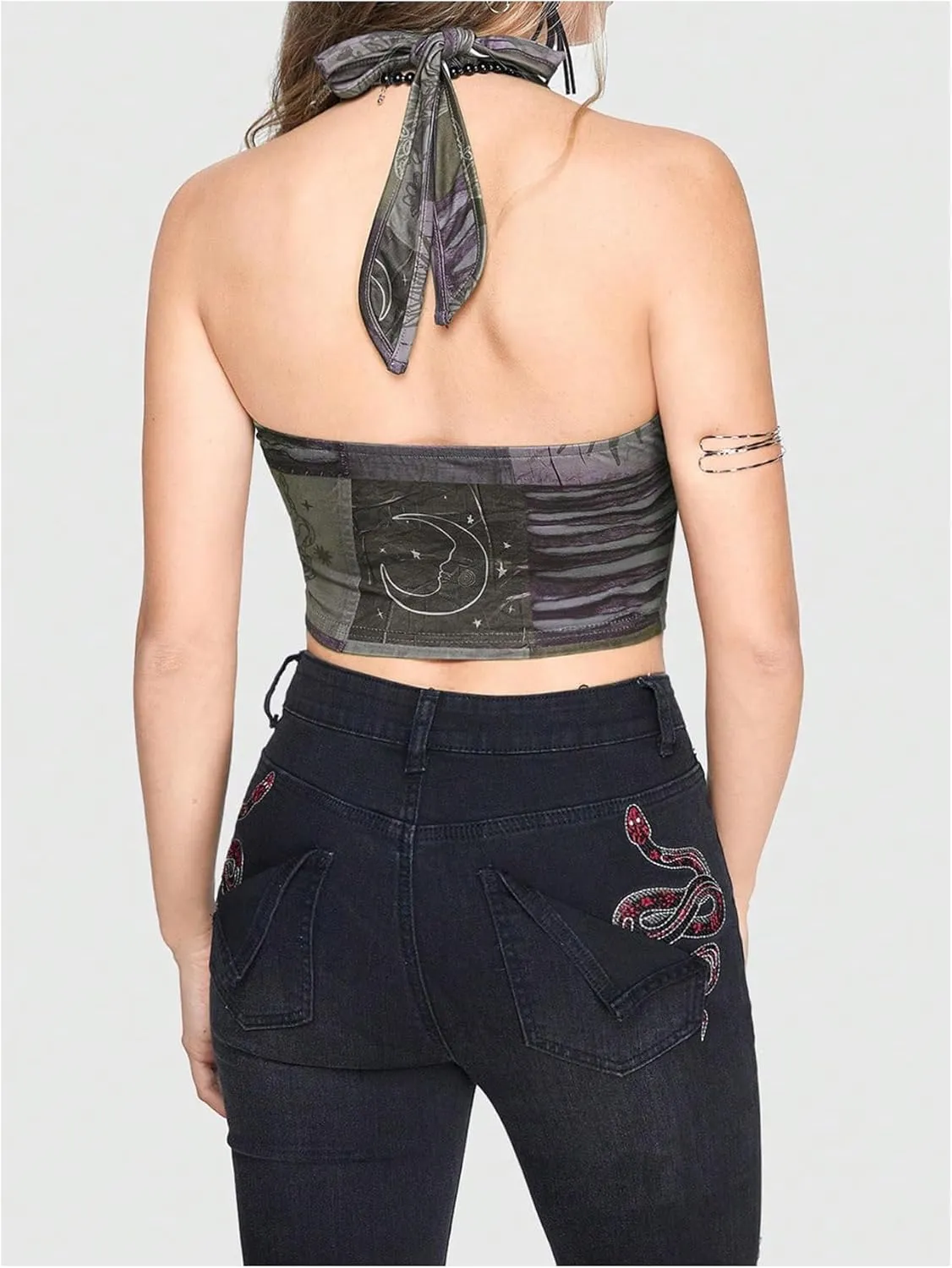 Women's Y2K Graphic Tie Backless Halter Top Slim Fit Sleeveless Camisole Crop Tops Going Out Outfits