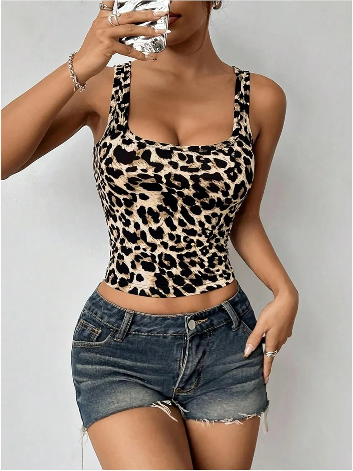 Women's Y2K Leopard Tank Top Square Neck Camisole Crop Tops Slim Fit Wide Strap Cheetah Cami