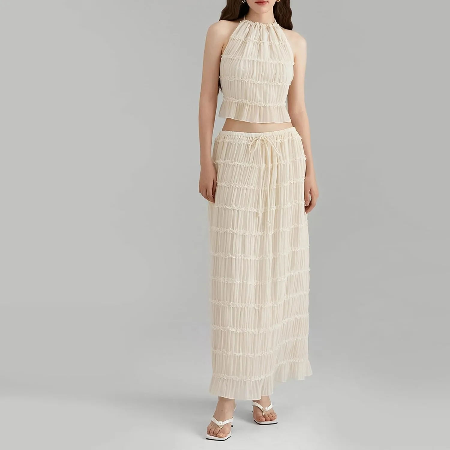 Y2k Maxi Skirt Set for Women Backless Lace Halter Top and Pleated Flowy Skirt Sets Beach Sheer Dress 2 Piece Outfit
